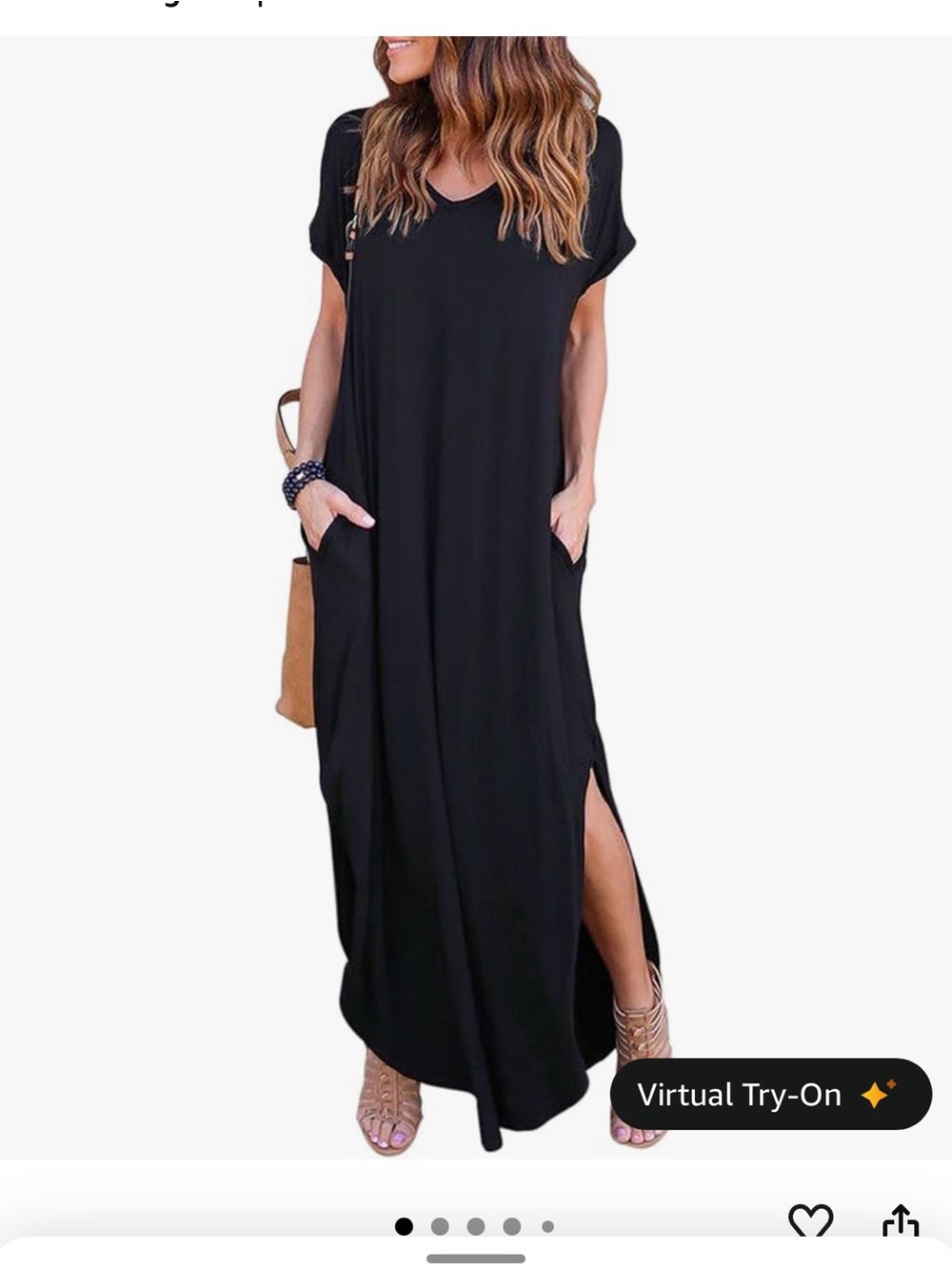 Women's Black V-Neck Short Sleeve Maxi Dress with Side Slit and Pockets
